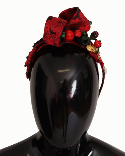 Dolce & Gabbana Cherry Silk Crystal Bow Logo Diadem Tiara Headband