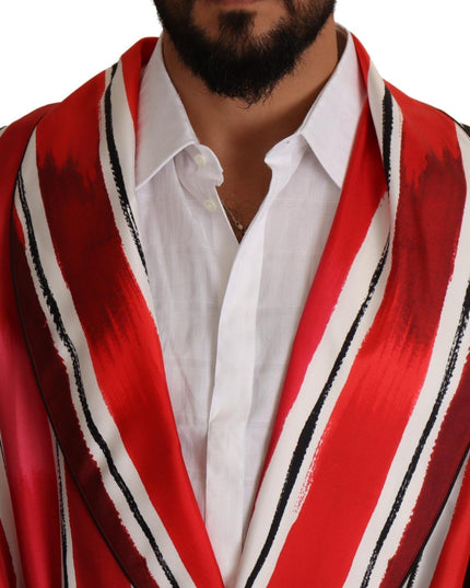 Dolce & Gabbana Red White Striped Silk Mens Night Gown Robe