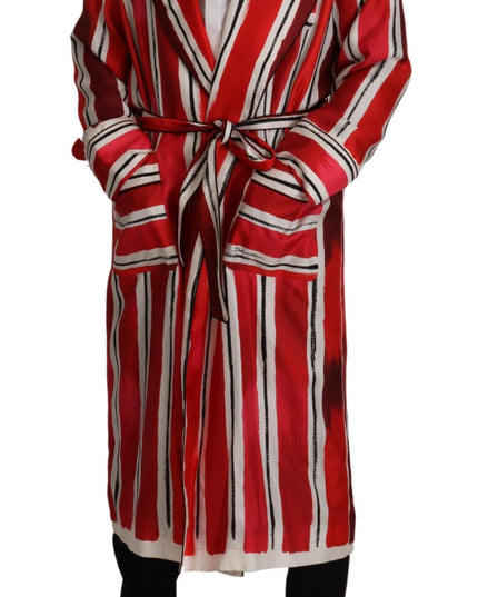 Dolce & Gabbana Red White Striped Silk Mens Night Gown Robe
