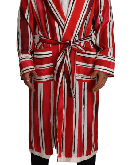 Dolce & Gabbana Red White Striped Silk Mens Night Gown Robe