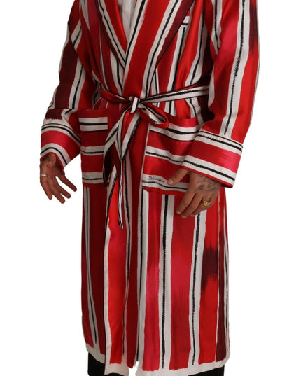 Dolce & Gabbana Red White Striped Silk Mens Night Gown Robe