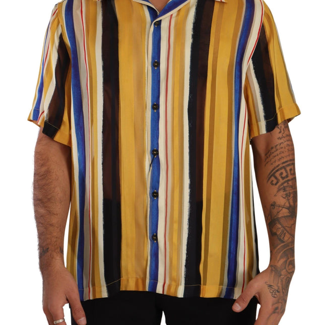 Dolce & Gabbana Yellow Striped Short Sleeve Silk Shirt