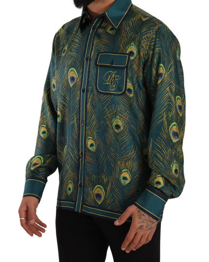 Dolce & Gabbana Peacock Feather Print Silk Pajama Mens Shirt