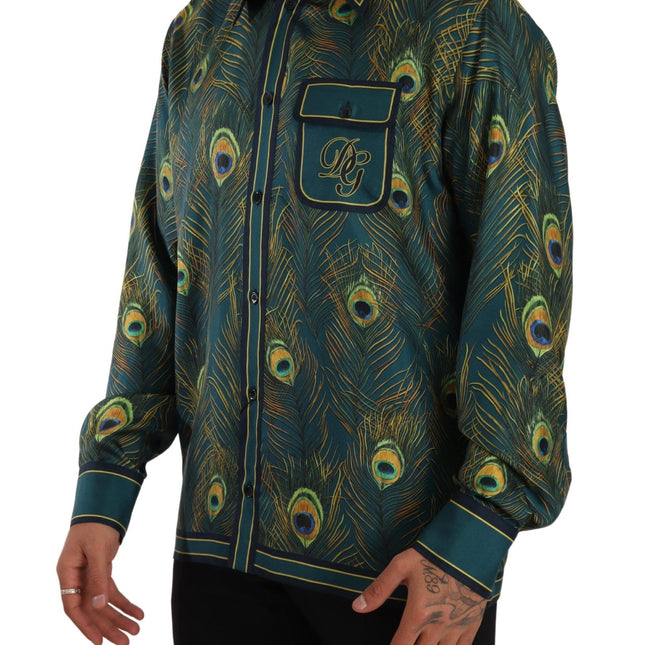 Dolce & Gabbana Peacock Feather Print Silk Pajama Mens Shirt