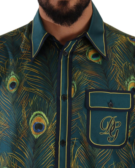 Dolce & Gabbana Peacock Feather Print Silk Pajama Mens Shirt