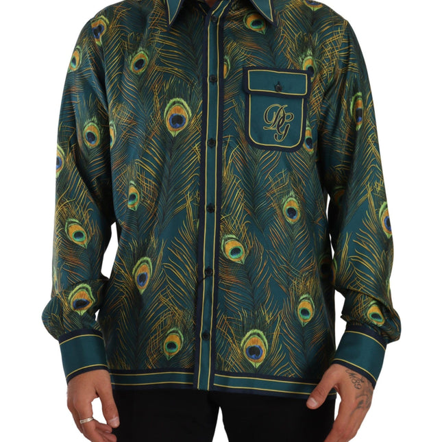 Dolce & Gabbana Peacock Feather Print Silk Pajama Mens Shirt