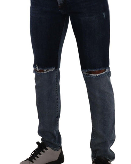 Dolce & Gabbana Blue Two Tone Tattered Cotton Slim Denim Jeans