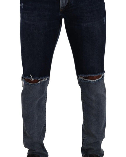 Dolce & Gabbana Blue Two Tone Tattered Cotton Slim Denim Jeans