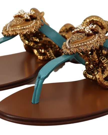 Dolce & Gabbana Blue Leather Devotion Flats Sandals