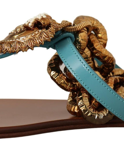 Dolce & Gabbana Blue Leather Devotion Flats Sandals