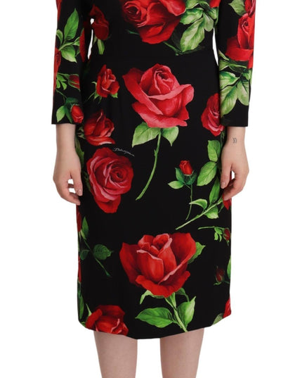 Dolce & Gabbana Black Red Roses Sheath Stretch Silk Dress