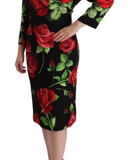 Dolce & Gabbana Black Red Roses Sheath Stretch Silk Dress
