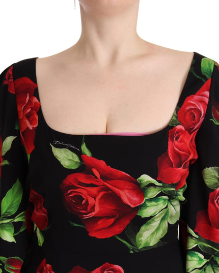 Dolce & Gabbana Black Red Roses Sheath Stretch Silk Dress