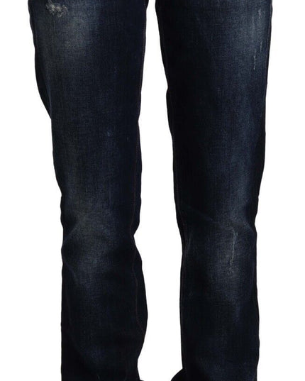 GF Ferre Dark Blue Washed Mid Waist Cotton Denim Straight Jeans