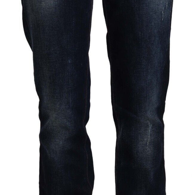 GF Ferre Dark Blue Washed Mid Waist Cotton Denim Straight Jeans