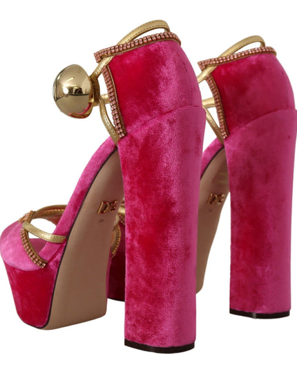 Dolce & Gabbana Pink Velvet Crystal Ankle Strap Sandals Shoes