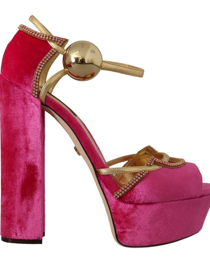 Dolce & Gabbana Pink Velvet Crystal Ankle Strap Sandals Shoes