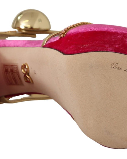 Dolce & Gabbana Pink Velvet Crystal Ankle Strap Sandals Shoes