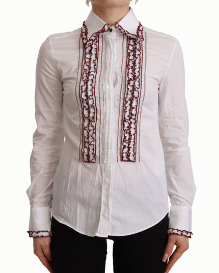 Dolce & Gabbana White Cotton Lace Long Sleeves Ruffle Collar Top Shirt