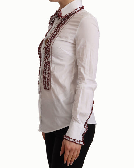 Dolce & Gabbana White Cotton Lace Long Sleeves Ruffle Collar Top Shirt