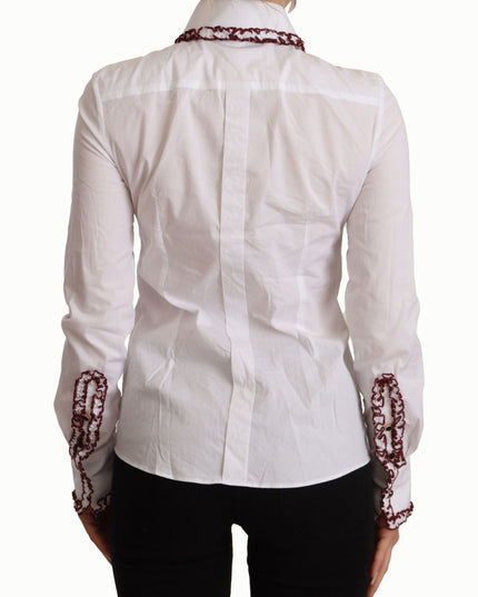 Dolce & Gabbana White Cotton Lace Long Sleeves Ruffle Collar Top Shirt