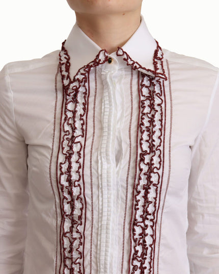 Dolce & Gabbana White Cotton Lace Long Sleeves Ruffle Collar Top Shirt