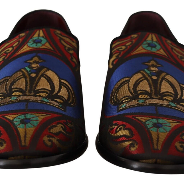 Dolce & Gabbana Multicolor Jacquard Crown Slippers Loafers Shoes