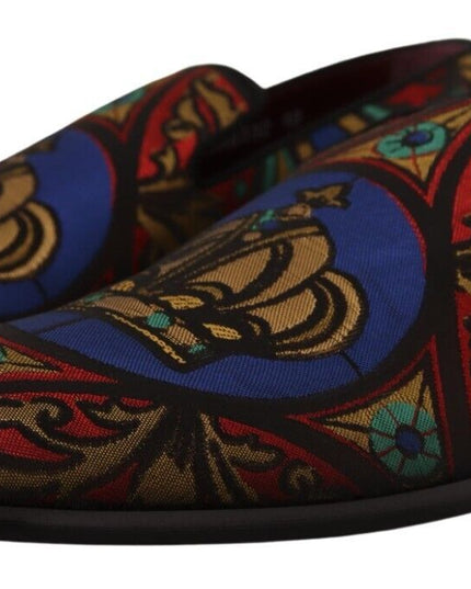 Dolce & Gabbana Multicolor Jacquard Crown Slippers Loafers Shoes