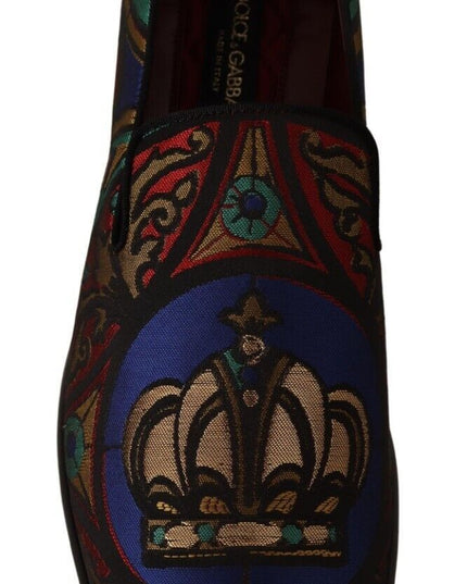 Dolce & Gabbana Multicolor Jacquard Crown Slippers Loafers Shoes