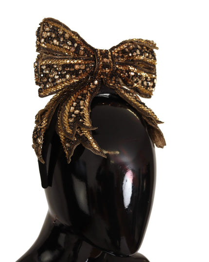 Dolce & Gabbana Gold Crystal Beaded Sequined Silk Bow Headband Diadem