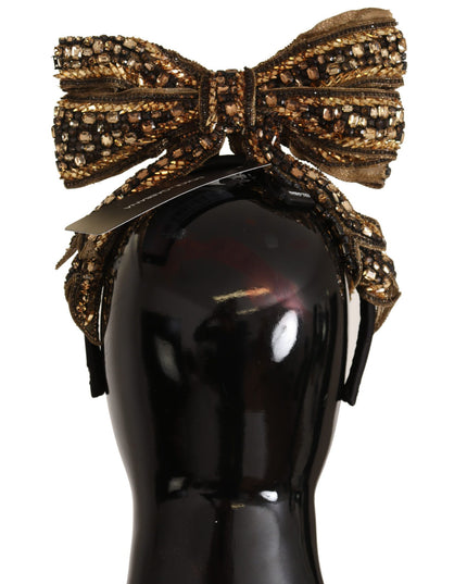 Dolce & Gabbana Gold Crystal Beaded Sequined Silk Bow Headband Diadem