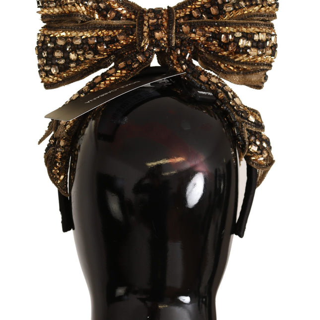 Dolce & Gabbana Gold Crystal Beaded Sequined Silk Bow Headband Diadem