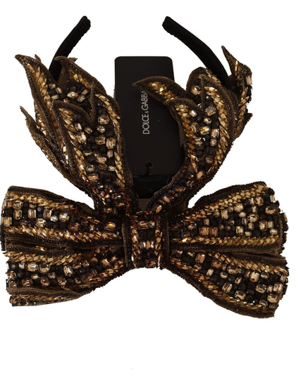 Dolce & Gabbana Gold Crystal Beaded Sequined Silk Bow Headband Diadem