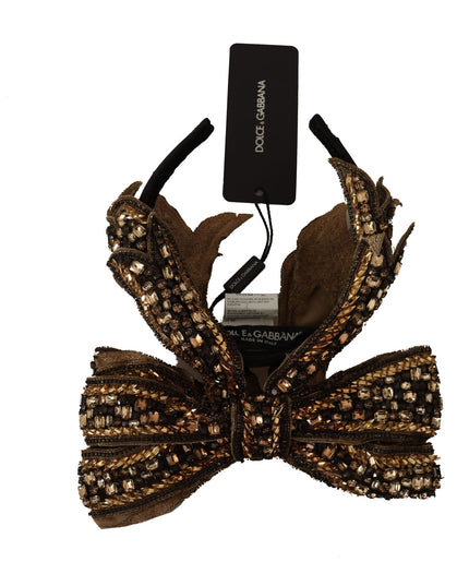 Dolce & Gabbana Gold Crystal Beaded Sequined Silk Bow Headband Diadem