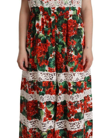Dolce & Gabbana Multicolor Geranium Print Lace Long Maxi Dress