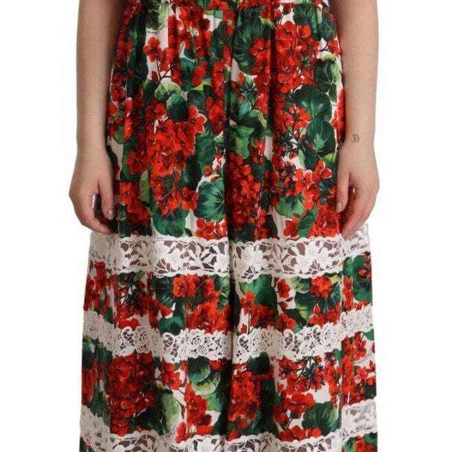 Dolce & Gabbana Multicolor Geranium Print Lace Long Maxi Dress