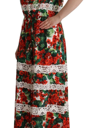 Dolce & Gabbana Multicolor Geranium Print Lace Long Maxi Dress