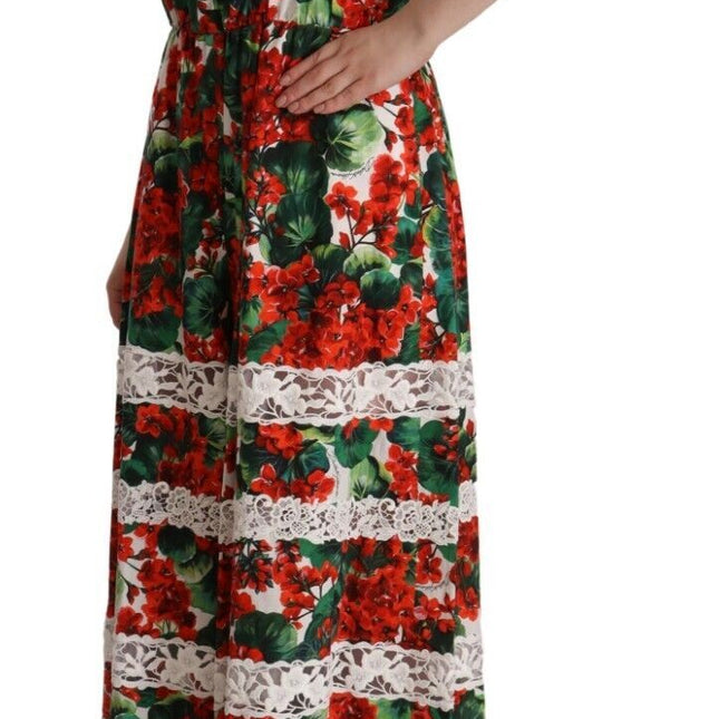 Dolce & Gabbana Multicolor Geranium Print Lace Long Maxi Dress