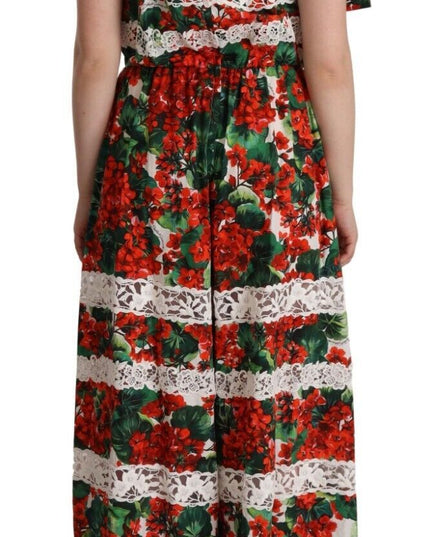 Dolce & Gabbana Multicolor Geranium Print Lace Long Maxi Dress