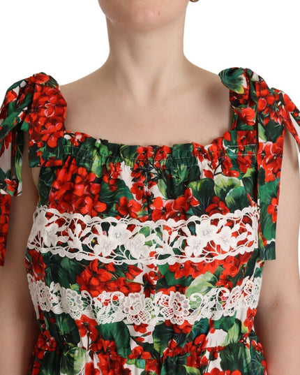 Dolce & Gabbana Multicolor Geranium Print Lace Long Maxi Dress