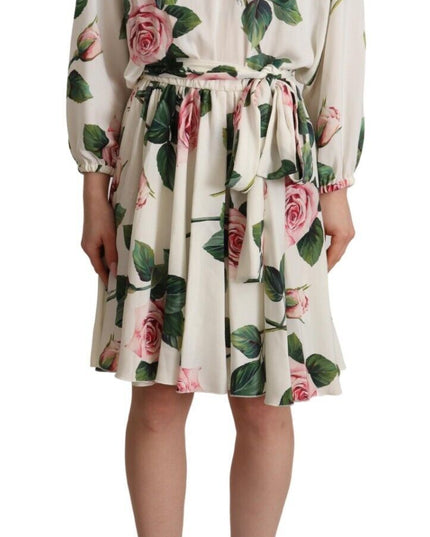 Dolce & Gabbana White Rose Print Long Sleeves A-line Dress