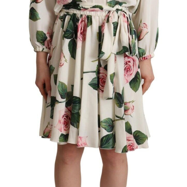 Dolce & Gabbana White Rose Print Long Sleeves A-line Dress