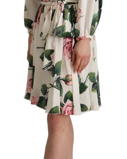 Dolce & Gabbana White Rose Print Long Sleeves A-line Dress