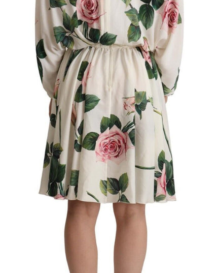 Dolce & Gabbana White Rose Print Long Sleeves A-line Dress