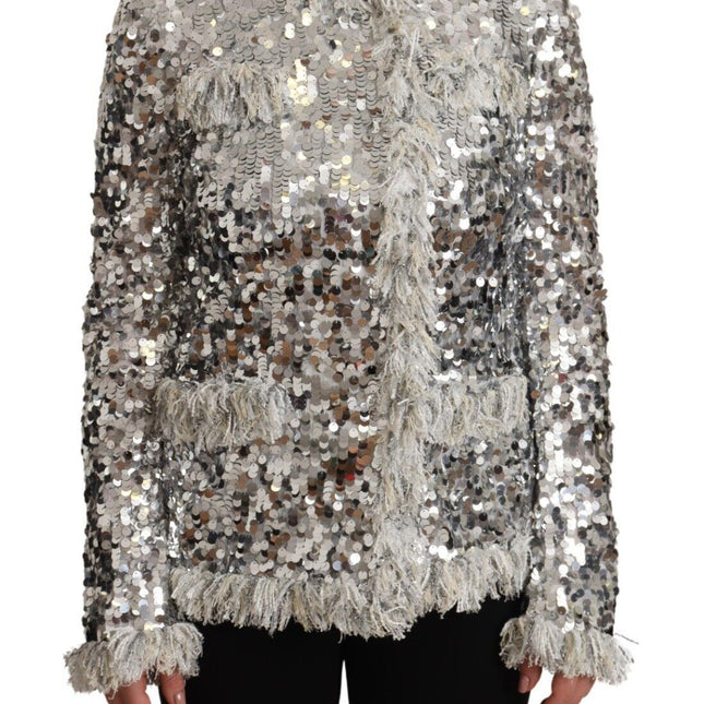 Dolce & Gabbana Silver Sequined Shearling Long Sleeves Jacket