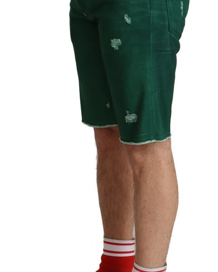 Dolce & Gabbana Green Tattered Cotton Men Denim Bermuda Shorts