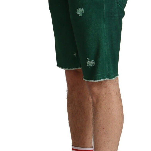 Dolce & Gabbana Green Tattered Cotton Men Denim Bermuda Shorts