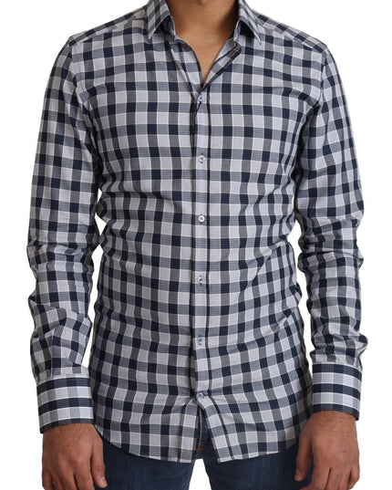 Dolce & Gabbana Blue White Check Cotton Slim Fit GOLD Shirt