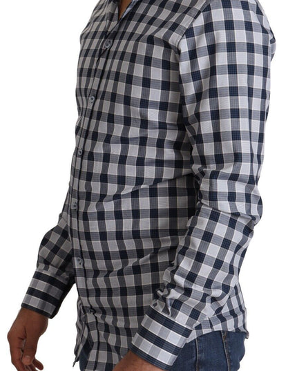 Dolce & Gabbana Blue White Check Cotton Slim Fit GOLD Shirt