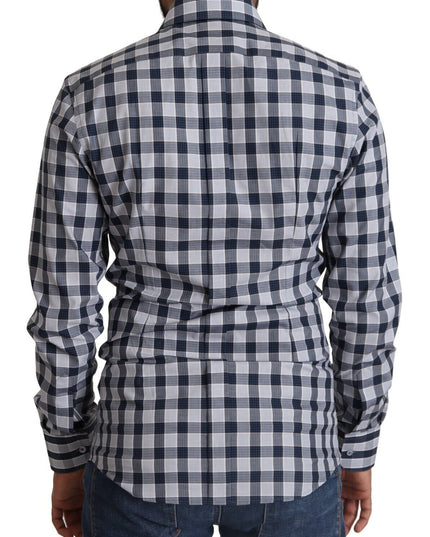 Dolce & Gabbana Blue White Check Cotton Slim Fit GOLD Shirt